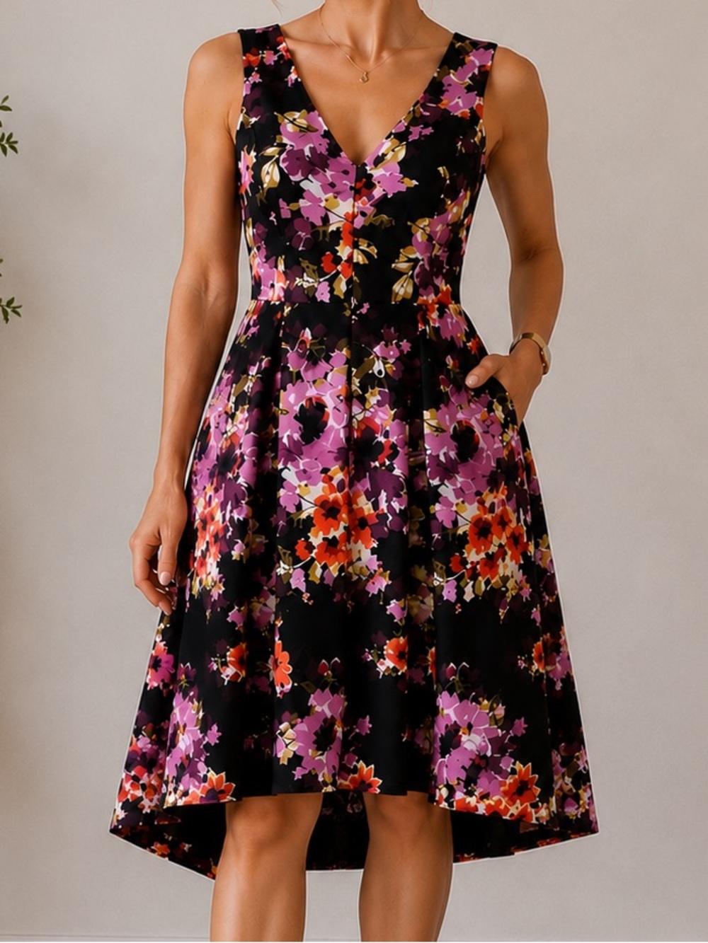 White House Black Market Floral High Low Dress Size 6 Black Pink Cotton